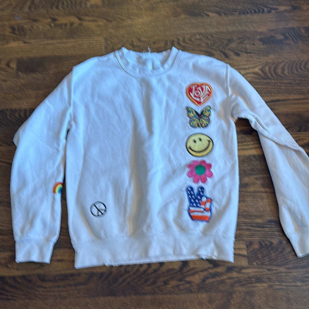 MadeWorn White Crew Neck Sweater with Colorful Patches